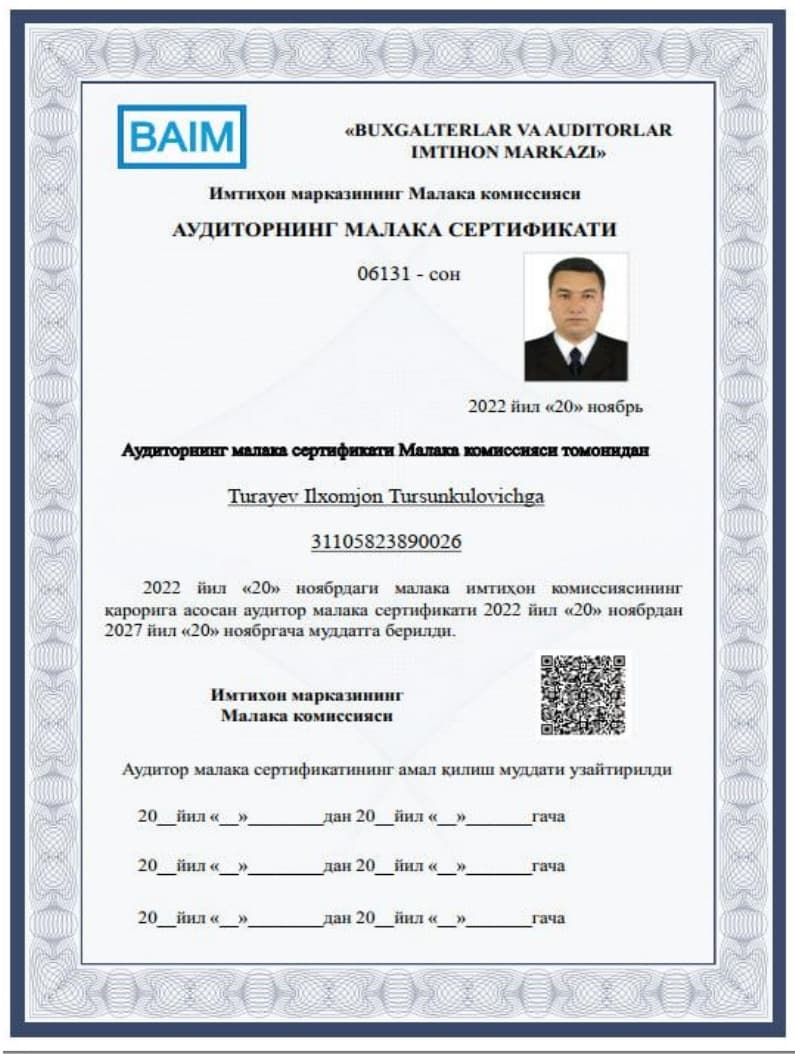 Turayev Ilxomjon Tursunkulovich — Auditorning malaka sertifikati