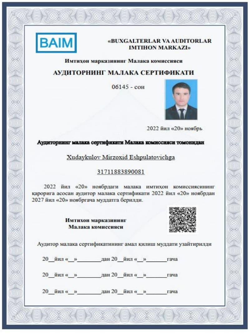 Xudaykulov Mirzoxid Eshpulatovich — Auditorning malaka sertifikati