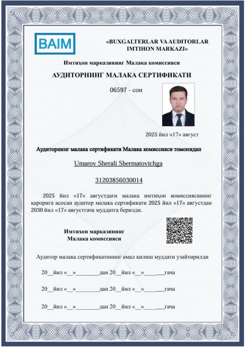 Umarov Sherali Shermatovich — Auditorning malaka sertifikati