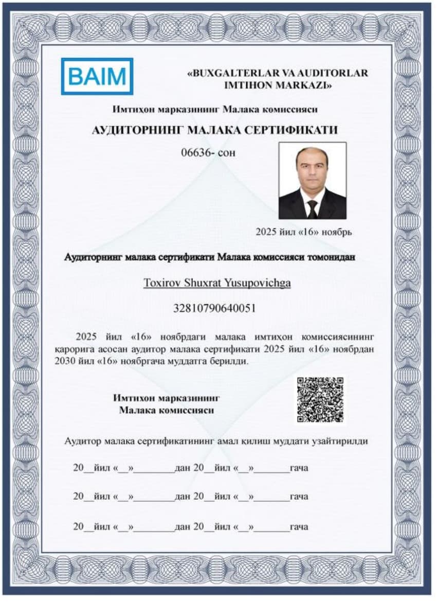 Toxirov Shuxrat Yusupovich — Auditorning malaka sertifikati