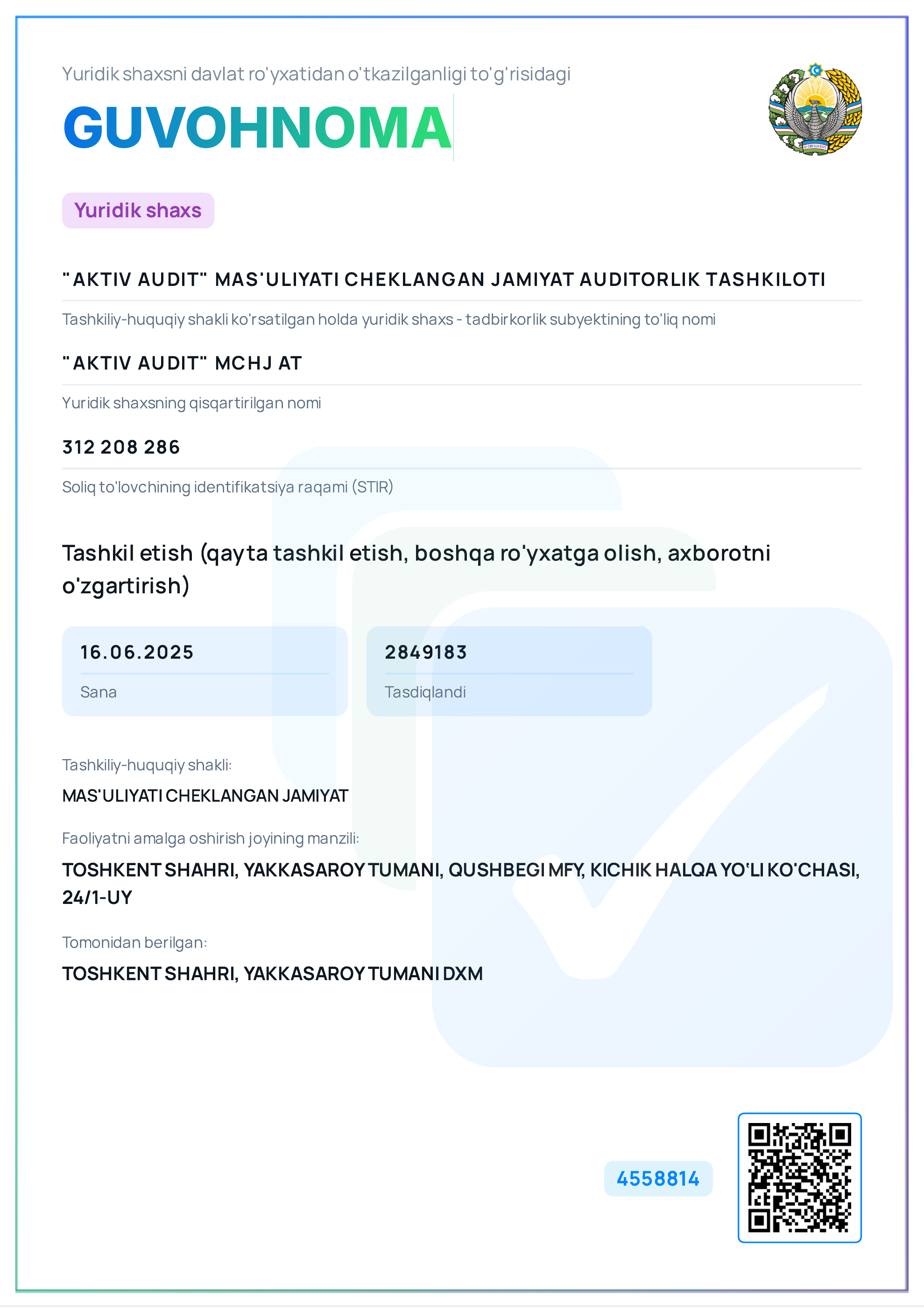 AKTIV AUDIT — Свидетельство о государственной регистрации