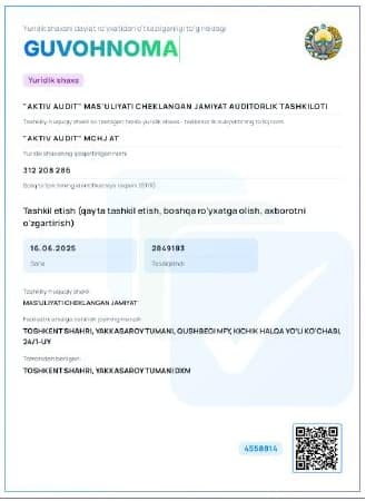AKTIV AUDIT — Davlat ro‘yxatidan o‘tganlik guvohnomasi